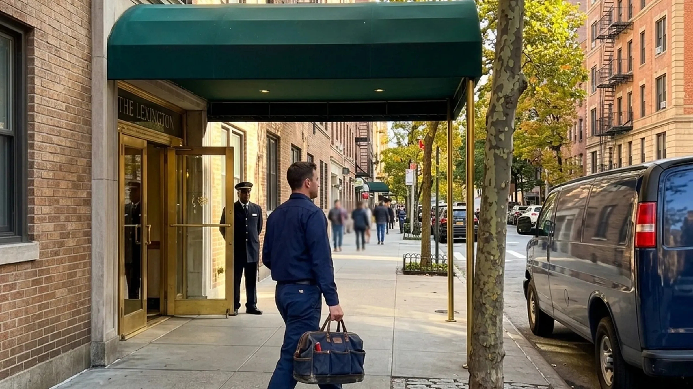 Sub-Zero repair technician arriving at a Manhattan doorman building with a tool bag